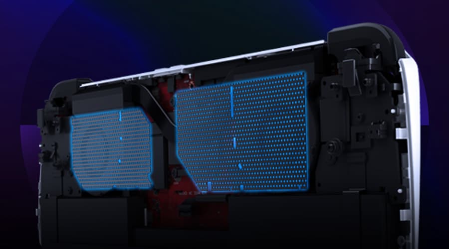 3D rendering of the Ally with the rear panel removed, showing the locations of the dual dust filters above the air intakes.