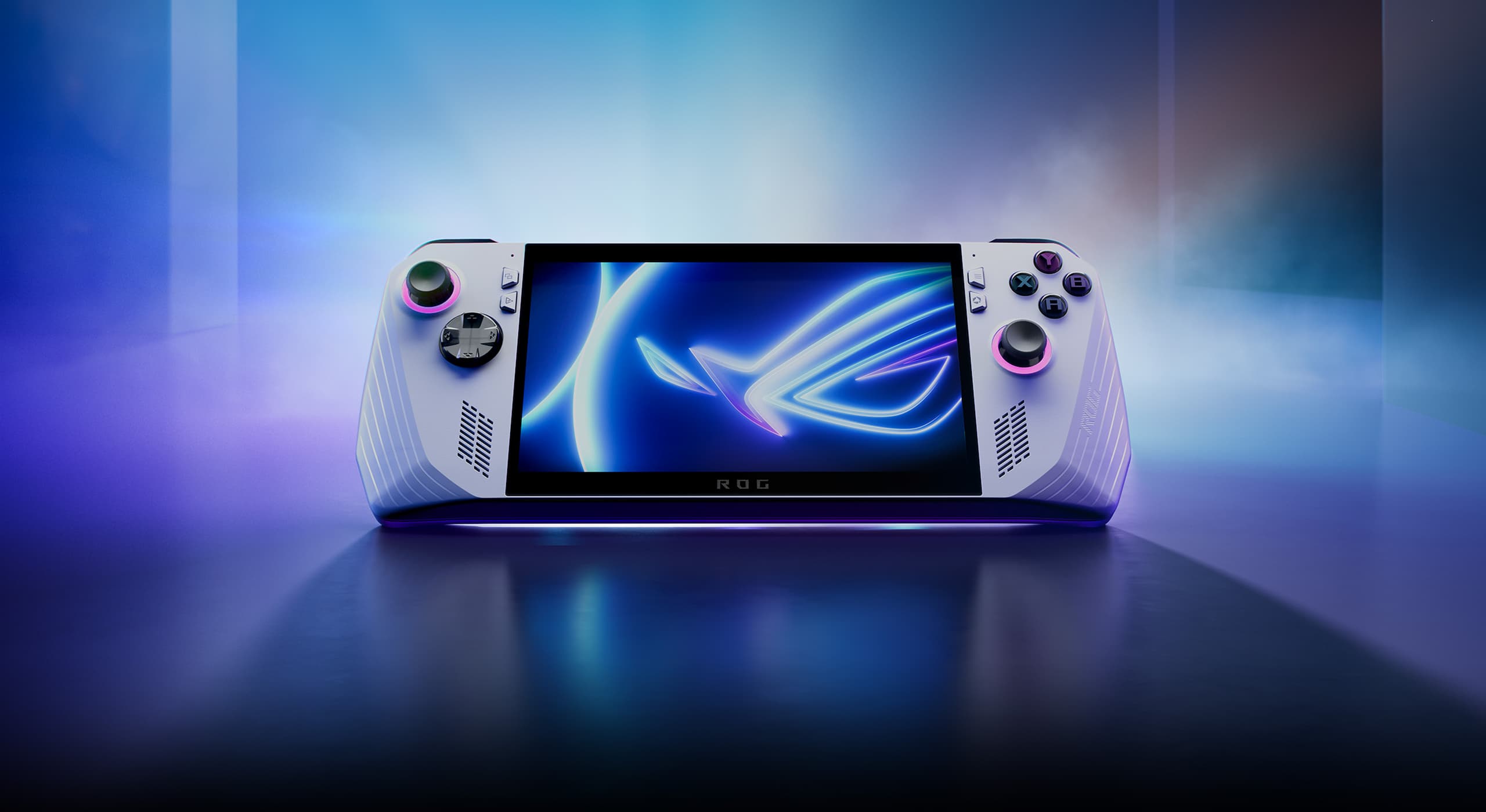 ROG Ally on the ground with a light blue background, and the words “ROG Ally. #playALLYourgames” captioned underneath it.
