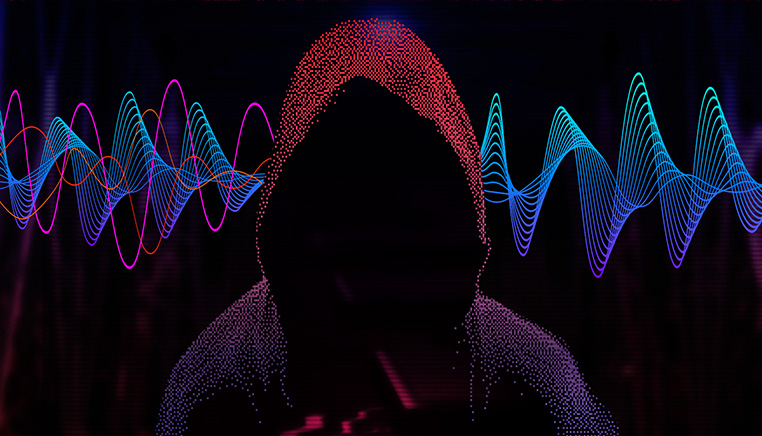 Two sound waves from left to right. After going through a person in the middle of the image, one sound wave gets filtered.