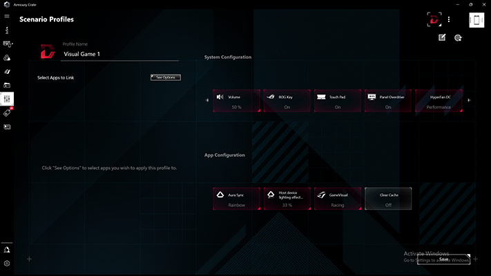 User Interface of scenario profile
